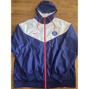 Nike Jacket Mens Large PSG Long Sleeve Hood Paris Zip Pocket Wind Runner +